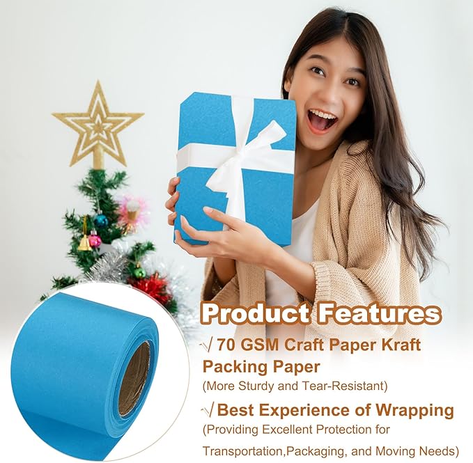 PATIKIL Wrapping Paper, 12" x 300"(25') 70 GSM Craft Paper Roll Kraft Packing Paper for Poster Bulletin Board, Gift Wrapping, Light Blue