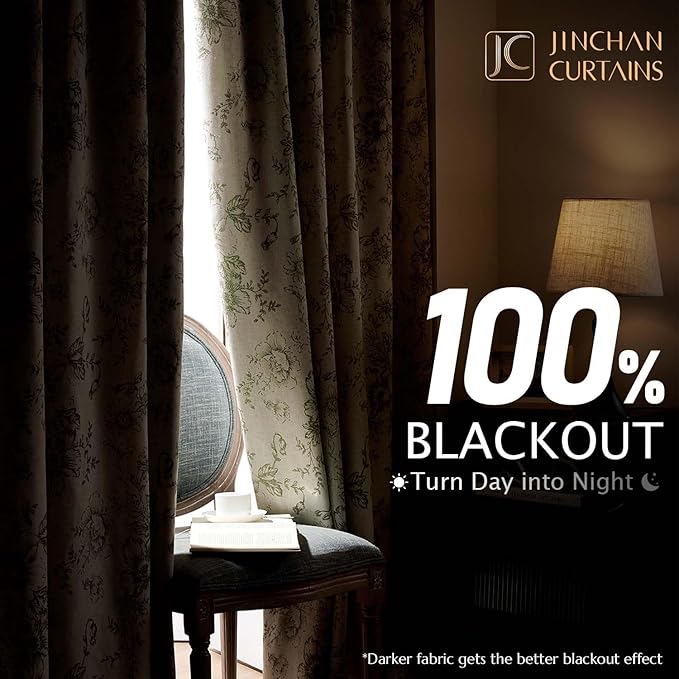 jinachan Blackout Curtains Linen Blend Floral Curtain for Living Room 96 Inch Length Christmas Sage Green Flower Printed with Lined Blackout Drapes for Bedroom Farmhouse Curtains Set 2 Panels