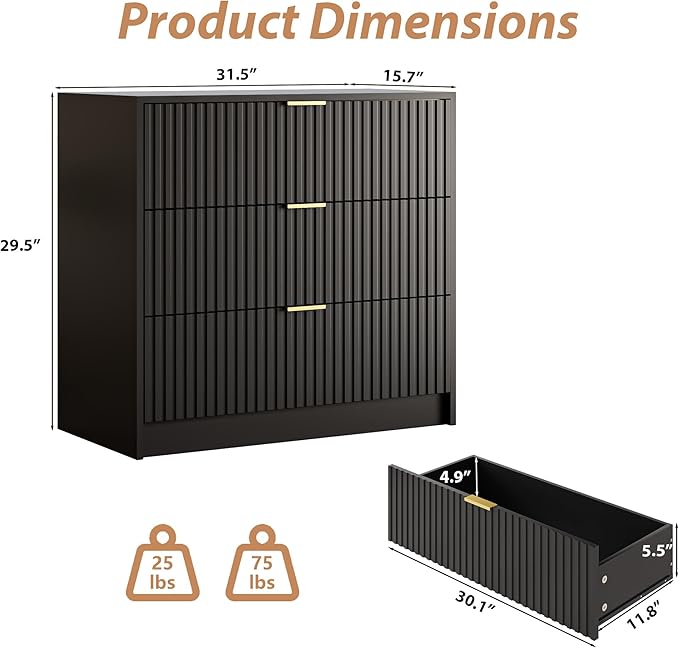 3-Piece Dresser Bedroom Set, 7 Drawer Dresser & 3 Drawer Nightstands with Gold Handles, Fluted Wood Chest of Drawers for Bedroom, Living Room, Entryway, Black