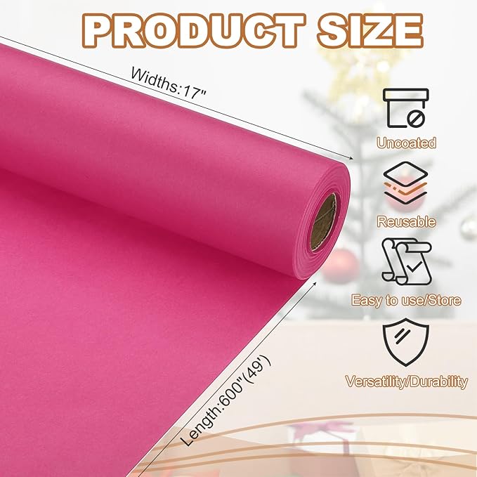 PATIKIL Wrapping Paper, 17" x 600"(49') 70 GSM Craft Paper Roll Kraft Packing Paper for Poster Bulletin Board, Gift Wrapping, Dark Pink