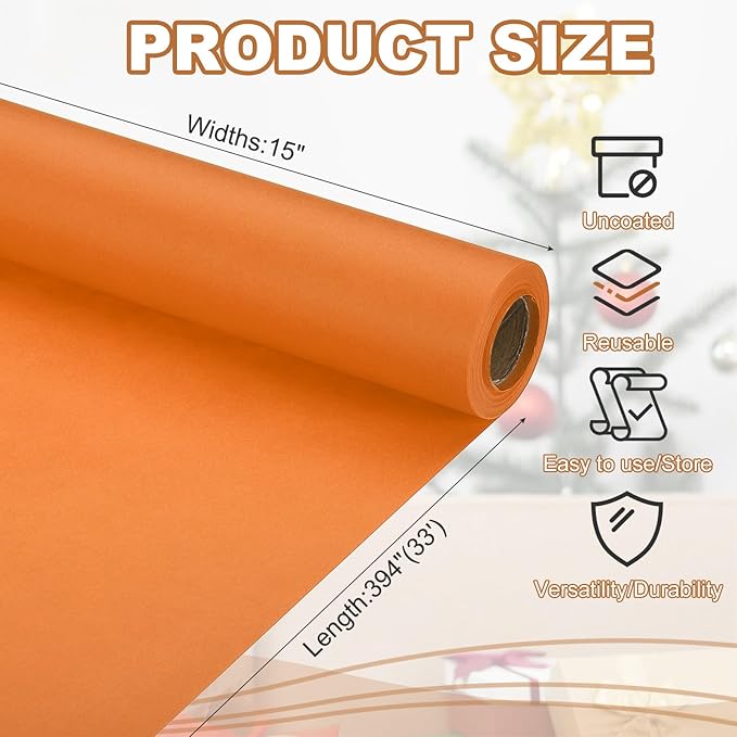 PATIKIL Wrapping Paper, 15" x 394"(33') 70 GSM Craft Paper Roll Kraft Packing Paper for Poster Bulletin Board, Gift Wrapping, Orange