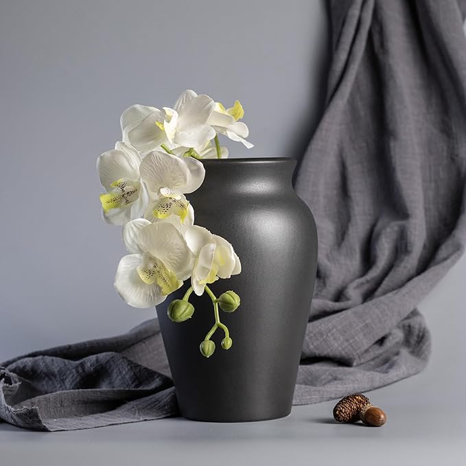 Ceramic Black Vase Home Decor, 9 Inch Wide Mouth Pottery Vase, Vintage Farmhouse Boho Neutral Terracotta Rustic Decor for Living Room, Entryway, Floor, Mantel Decoration
