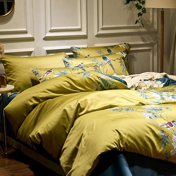 mixinni Garden Style Cotton Flowers and Birds Pattern Printed Duvet Cover Reversible Design Peacock Blue 3 Piece Bedding Duvet Set with Zipper Closure, Perfect for Him and Her-Queen Size