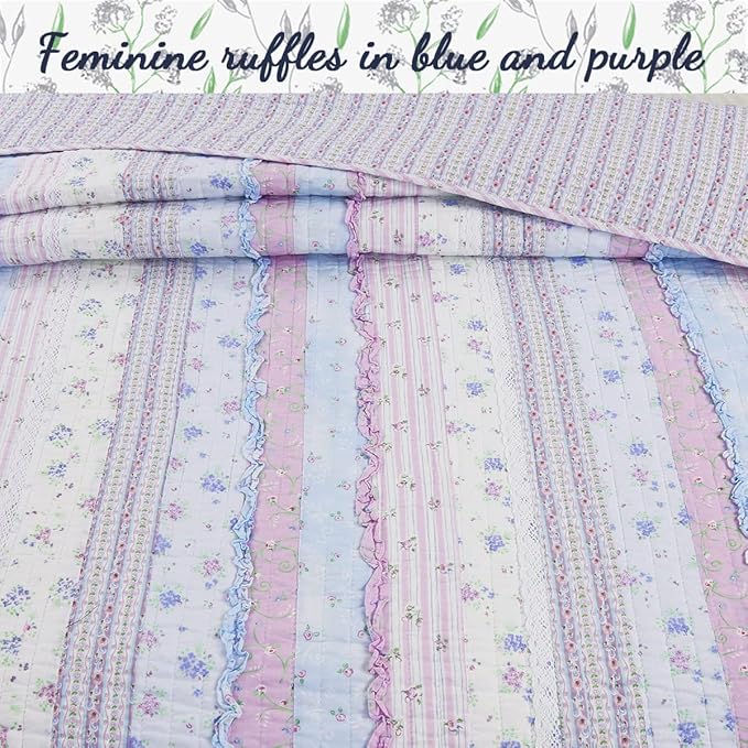 Cozy Line Home Fashions Shabby Chic Romantic Lace Purple Blue Floral Cotton Bedding Quilt Set, Reversible Coverlet, Bedspread (Lavender, Queen-4 Piece: 1 Quilt+2 Shams+1 Decor Pillow)