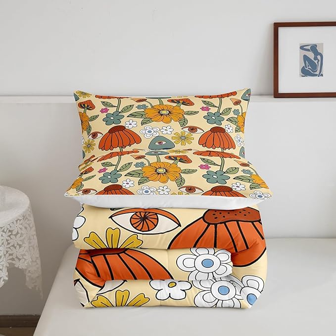 Castle Fairy Retro Flowers Bedding Comforters Queen Size,70s Floral Mushroom Comforter Set with 2 Pillowcases,Art Hippie Plant Eye Print 3pcs Children Adult Duvet Set,Soft
