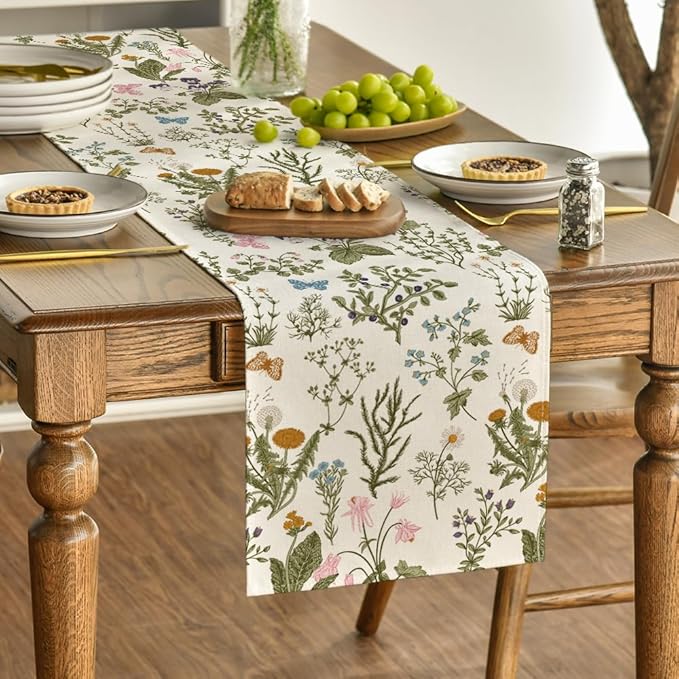 Artoid Mode Wildflowers Floral Spring Table Runner, Butterfly Seasonal Summer Kitchen Dining Table Decoration for Home Party Decor 13x60 Inch