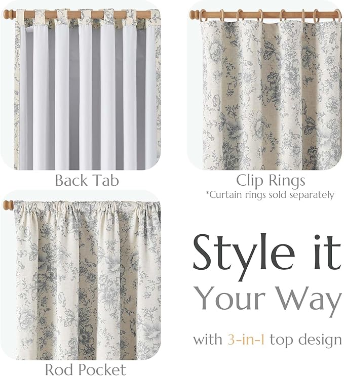 jinchan Blackout Linen Blend Curtain Grey Floral Blackout Curtains for Living Room 84 Inch Length Gray Printed with Lined Blackout Curtain for Bedroom Farmhouse Curtains Set 2 Panels
