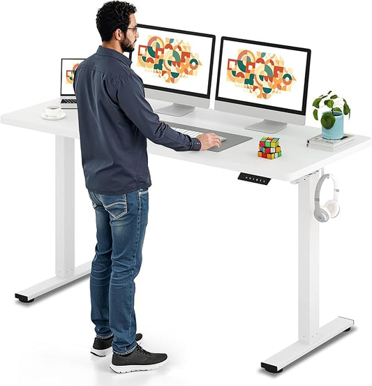 SANODESK Electric Standing Desk 60 x 24 Inches Whole-Piece Desktop Height Adjustable Stand Up Desk w/6-Button Controller Ergonomic Computer Desk for Home Office, White Frame + White Tabletop