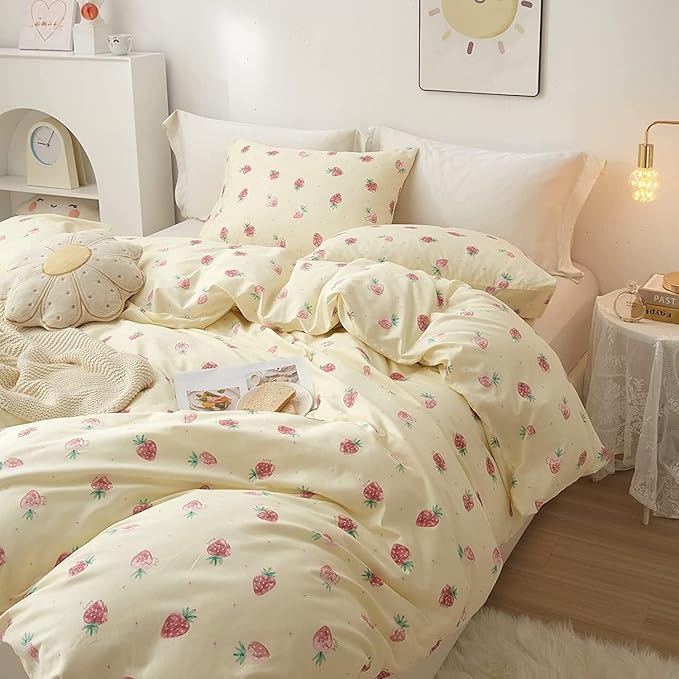 LifeTB Cute Strawberry Duvet Cover Twin XL Soft Cotton Kawaii Bedding Sets Kids Girls Bedroom Decor Fresh Small Comforter Cover 3 Piece Bed Set Twin XL Duvet Cover 2 Pillowcases
