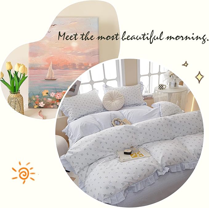 Blue Ruffle Duvet Cover Twin XL Soft White 100% Cotton Floral Duvet Cover Cute Blue Flower Comforter Cover Romantic Princess Lace Bedding Set Vintage Botanical Comforter Cover for Kids Girl Teen