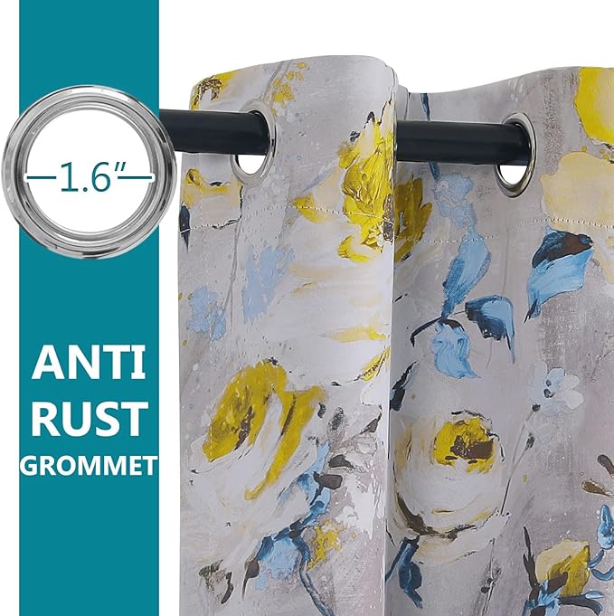 MYSKY HOME Floral Blackout Curtains for Living Room Vintage Floral Curtains Drapes 72 Inches Room Darkening Thermal Insulated Curtains Panels with Grommet, 2 Panels, 52 x 72 Inch, Grey and Yellow