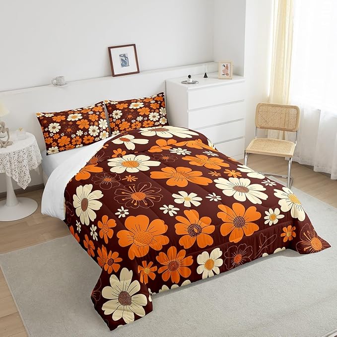 Castle Fairy 70s Groovy Flowers Comforter Set Twin Size,Hippie Retro Farmhouse Plant Quilt Set for Kids Boys Bedroom Collection,Brown White Yellow Floral Polyester Bedding with 1 Pillowcase,2Pcs