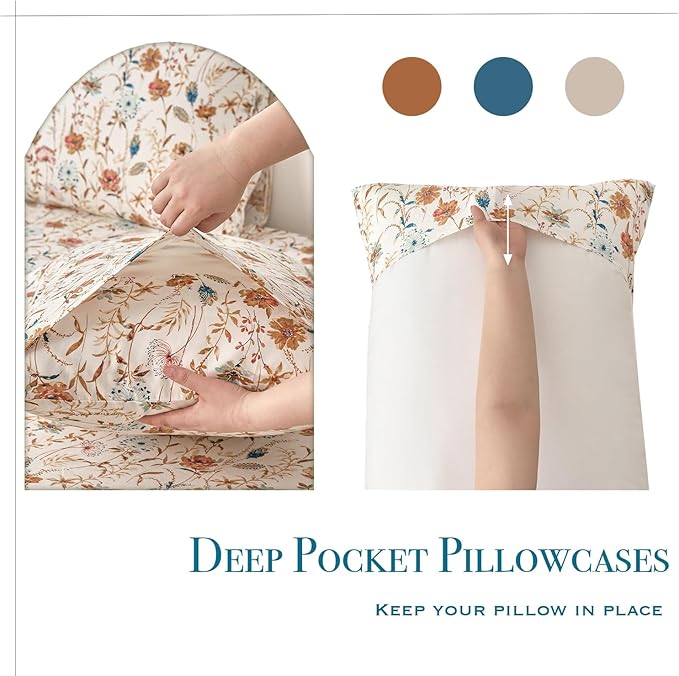 Zusbest Full Sheets Set 100% Percale Cotton - Boho Floral Botanical Printed Bedding with Deep Pocket 17.5'', Vintage Burnt Orange & Teal Design, 4-Piece Soft Breathable Sheets