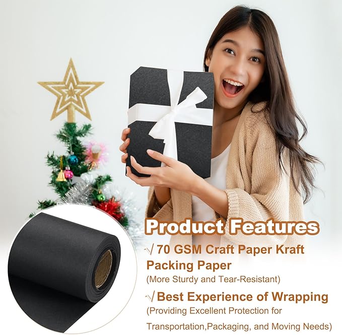PATIKIL Wrapping Paper, 12" x 394"(33') 70 GSM Craft Paper Roll Kraft Packing Paper for Poster Bulletin Board, Gift Wrapping, Black