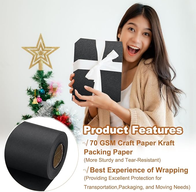 PATIKIL Wrapping Paper, 15" x 600"(49') 70 GSM Craft Paper Roll Kraft Packing Paper for Poster Bulletin Board, Gift Wrapping, Black