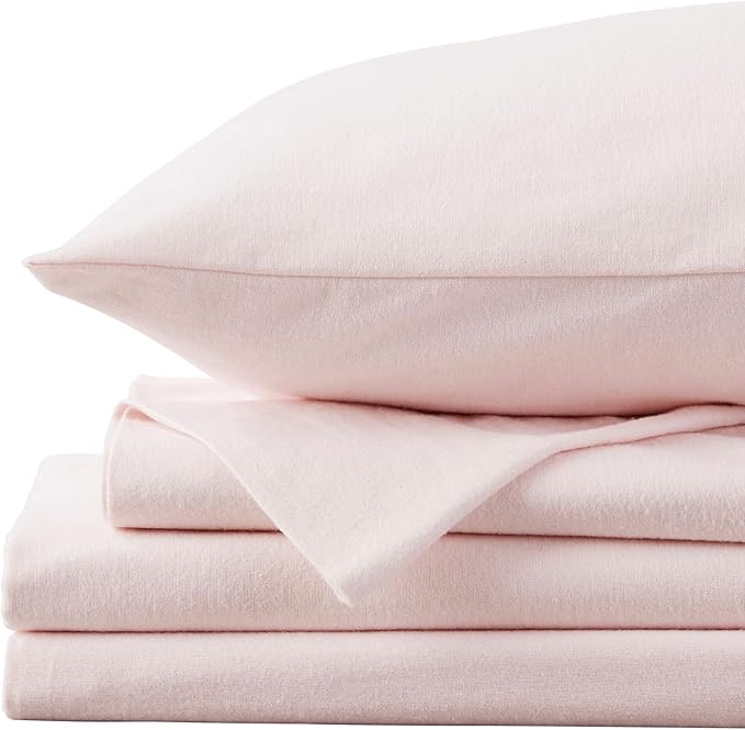 Market & Place 100% Turkish Cotton Flannel Sheet Set | 4 Piece Deep Pocket Solid Cozy Winter Bed Sheets | Double Brushed for Extra Softness & Comfort | Chalet Collection (Queen, Blush Pink)