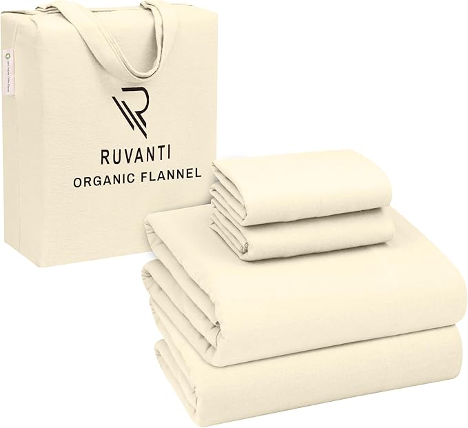 RUVANTI Flannel Sheets King Size - GOTS Certified 100% Organic Cotton, 4 Piece Warm, Soft & Breathable Set, Deep Pocket Snug Fit, Double Brushed Cozy All Season Bedding, Winter White