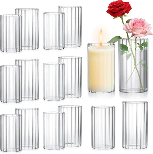 16 Pack Ribbed Glass Cylinder Vases 5.5, 6 Inch Tall Clear Flower Vase Hurricane Floating Candle Holder for Table Centerpiece Wedding Home Decor