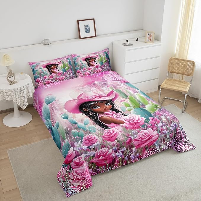 Pink Cowgirl Comforter Set Queen Size,Reversible Southwest African Style Black Bedding Set for Women Adult,Western Floral Desert Cactus Sparkling Luxury Bed Duvet Insert, 2 Pillowcases
