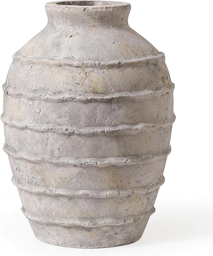 Kokrose Terracotta Vase, White Grey Rustic Farmhouse Decor, Vintage Large Pottery Clay Vase, Ceramic Flower Vases for Centerpieces, Table Top Fireplace Mantel Decor