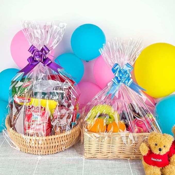 50 Packs 32 x 40 Inches Extra-large Inches Cellophane Bags for Basket Jumbo Clear Cellophane Wraps Clear Huge Cello Bags for Baskets, Gifts, Christmas Trees, Treats, Arts and Crafts, 50ct Ribbon Bows