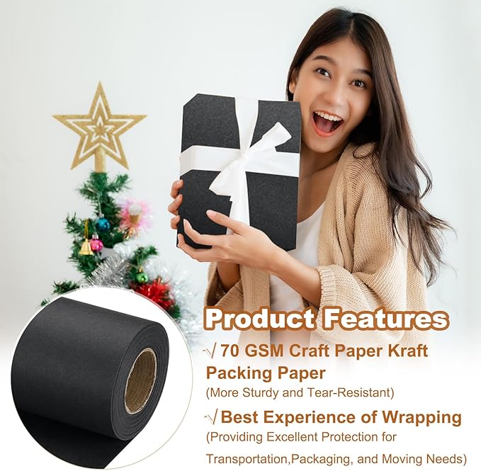PATIKIL Wrapping Paper, 20" x 450"(37') 70 GSM Craft Paper Roll Kraft Packing Paper for Poster Bulletin Board, Gift Wrapping, Black