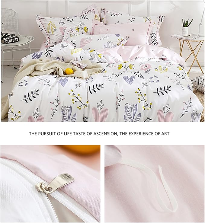 HighBuy Girls Duvet Cover Full Size Bedding Sets Floral Aesthetic Coquette Bedding Set White Pink Premium Cotton Teens Flower Bedding Sets Kids Comforter Cover Soft Branches Full Pink