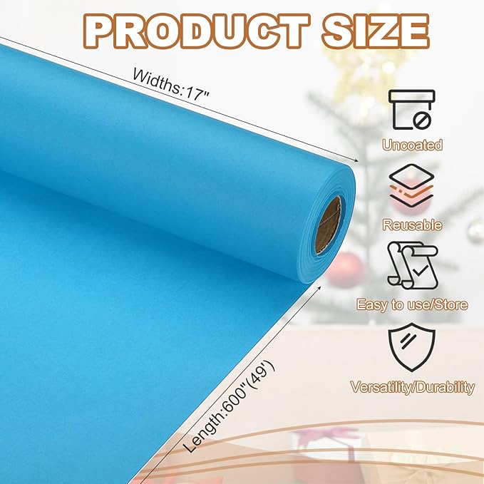 PATIKIL Wrapping Paper, 17" x 600"(49') 70 GSM Craft Paper Roll Kraft Packing Paper for Poster Bulletin Board, Gift Wrapping, Light Blue