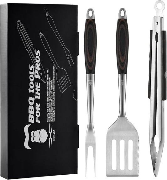 Grilaz Stainless Steel BBQ Tool Set | Dark-Dyed Wood Handles | Heavy Duty Grilling Accessories | 3-Piece Outdoor Barbecue Grill Utensil Set with Spatula, Fork, and Tongs - Ideal Gift for Men…
