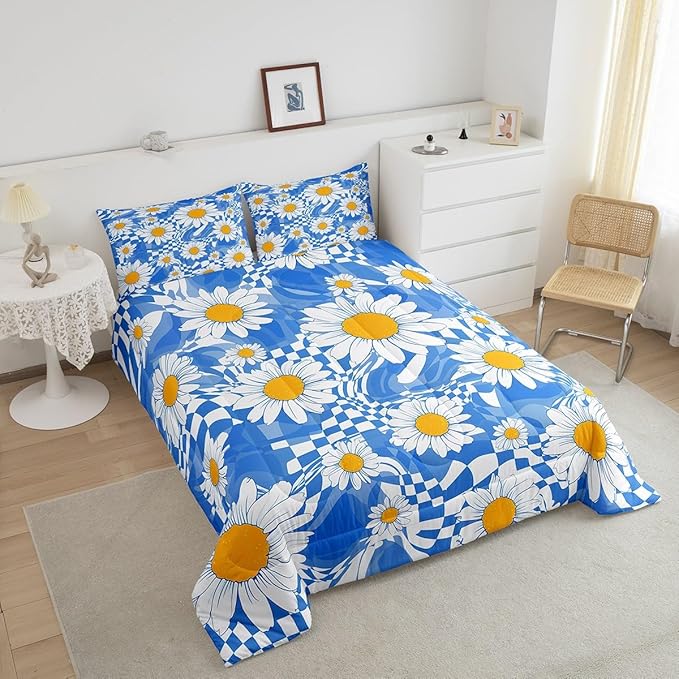 Castle Fairy Kids Abstract Queen Size Comforter Set,White Daisy Flowers Down Comforter Adults Bedroom Decor,Blue Zebra Stripes Geometric Plaid Ultra Soft Microfiber Inner Fill 3Pcs Bedding