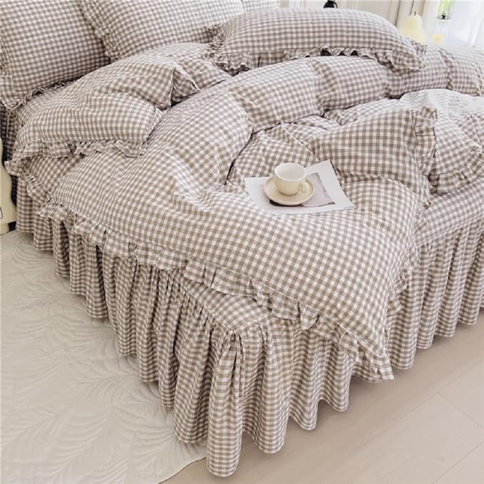 LifeTB Queen Comforter Set Tan Gingham Comforter Ruffle Beige Taupe Plaid Comforter Set 3 Pieces Fluffy Vintage Checkered Grid Bed Comforter with 2 Pillowcases Gingham Bedding Set Queen