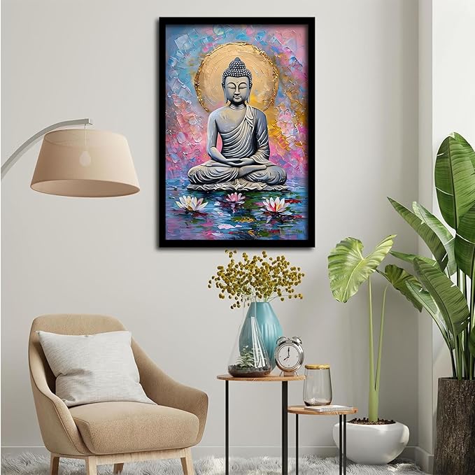 Lotus and golden Buddha meditation tranquil zen wall art mindfulness wall art for spiritual harmony and tranquility decor 24x36in Metal blackFramed