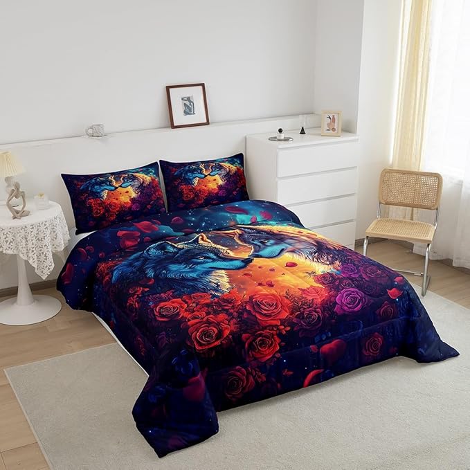 Wolf Full Size Comforter Set,Wild Animal Print Couple Theme Reversible Bedding Comforters Bedroom Collection,Romantic Red Rose Flowers Watercolor Galaxy Bedding Set for Girls Teens