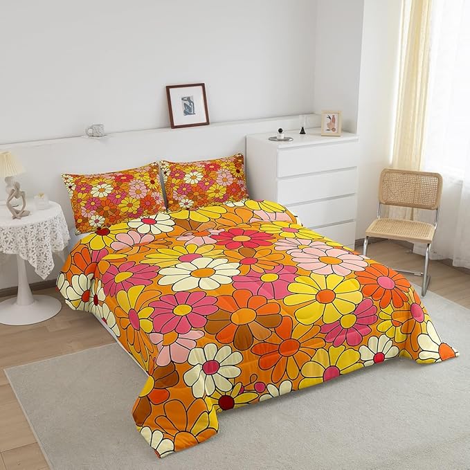 Castle Fairy Bohemian Flowers Queen Size Comforter Set,70s Floral Bedding Set with 2 Pillowcases,Hippie Retro Groovy Botanical Breathable Durable Polyester Bedding Set