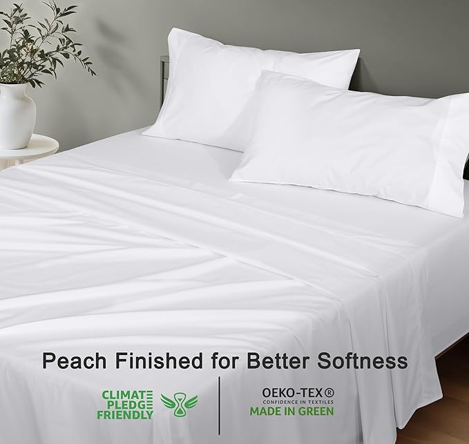 RUVANTI 100% Organic Cotton Sheets California King, Percale Weave, GOTS Certified, 4-Piece Set, Deep Pocket 13", Crisp & Breathable, Soft Durable Bedding, Sábanas Algodón Orgánico – Bright White