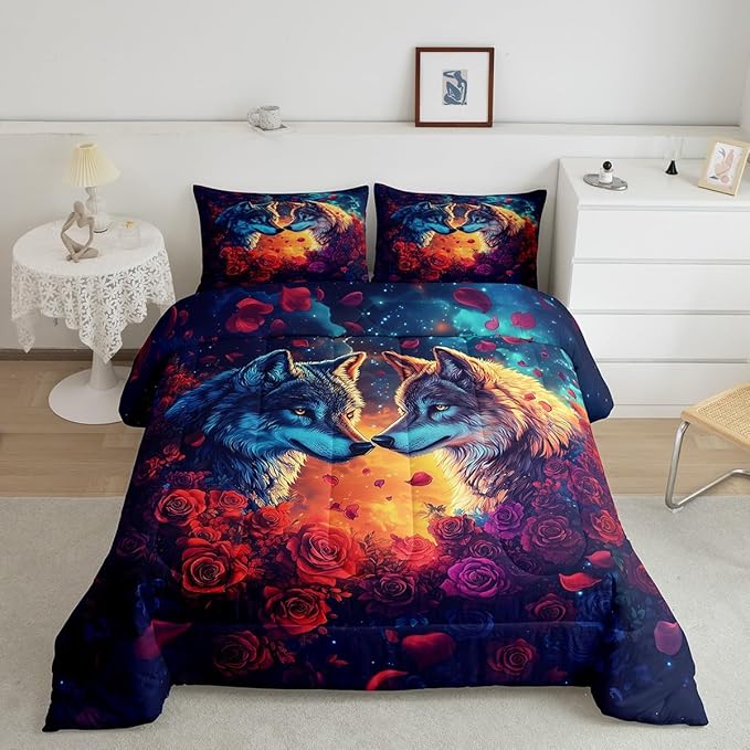 Wolf Comforter Set Queen Size,Wild Animal Print Couple Theme Reversible Bedding Set for Women Adult,Romantic Red Rose Flowers Watercolor Galaxy Luxury Bed Duvet Insert, 2 Pillowcases