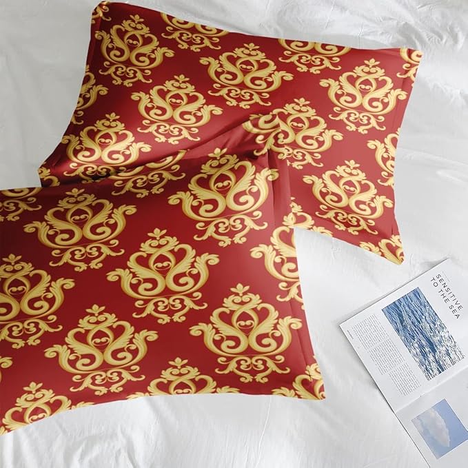 Comforter Set King Size, Vintage Floral Gold 7 Pcs Bedding for Kids and Adults, Medieval Burgundy Red Bed Sheet Sets with Fitted Sheet 2 Pillowcase & 2 Sham for Bedroom Bed Decor