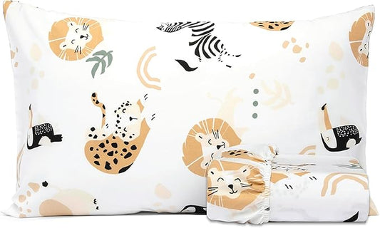 Salt Earth 100% Cotton 210TC Kids Bedsheet, Twin Fitted Sheet, Toddler Bed, 2 Piece Bedding Set- 1 Fitted Sheet and 1 Pillowcase, Themed Toddler Bed Sheets, Cute Sheets for Kids Bed (Jungle)