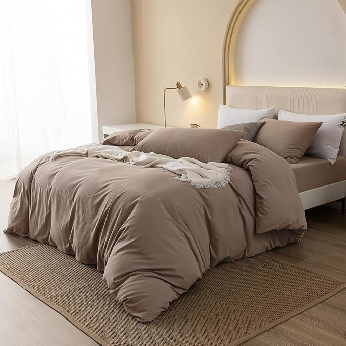 JIYUAN 100% Washed Cotton Duvet Cover Set 3 Pieces Oversized Queen, 1 Duvet Cover 98x98 Inches(Comforter Not Included) and 2 Pillowcases,Linen Feel Bedding Set Comfy and Breathable,Light Brown