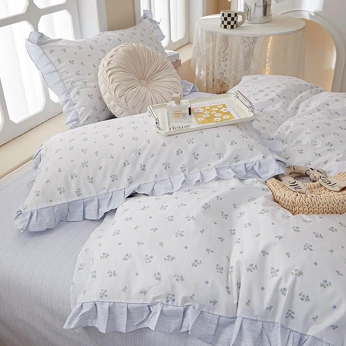 White Duvet Cover Floral Lace Duvet Cover King Cute Blue Flower Green Leaves Print Ruffle Comforter Cover Vintage Princess Lace Bedding Set Botanical Floral Comforter Cover Cottagecore Bedding Set