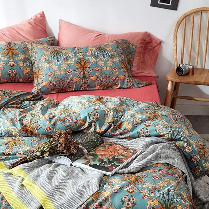 EAVD Vintage Style Garden Flower Duvet Cover Twin XL Soft Cotton Boho Flower Bedding Set with 2 Pillowcases Chic Shabby Botanical Comforter Cover with Zipper Closure