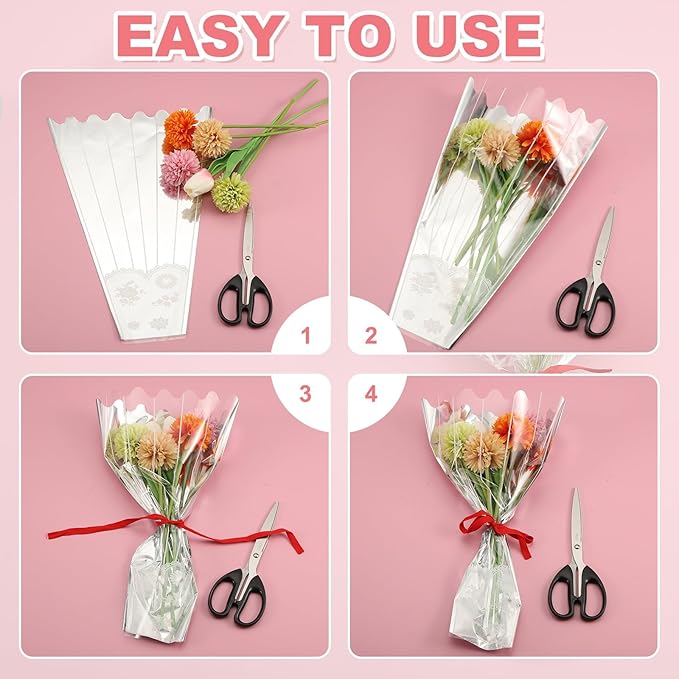 YELARXI Clear Flower Wrapping Bags, Transparent Flower Packaging Bag Waterproof Bouquet Sleeves with Letter - Fitting for (Florists/Floral Arrangements Supplies), 13x3.9x19.7 Inch & 50Pcs