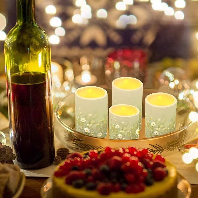 Flameless Candles Battery Powered LED Pillar Candles Tealights with Remote Timer Color Changing Control for Indoor Outdoor Home Tabletop Decoration Set of 4, Daisy Floral Green