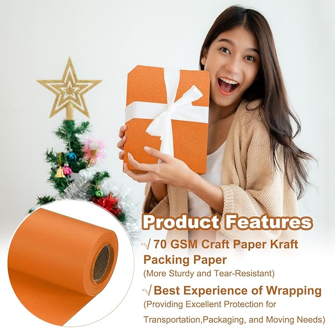 PATIKIL Wrapping Paper, 15" x 394"(33') 70 GSM Craft Paper Roll Kraft Packing Paper for Poster Bulletin Board, Gift Wrapping, Orange