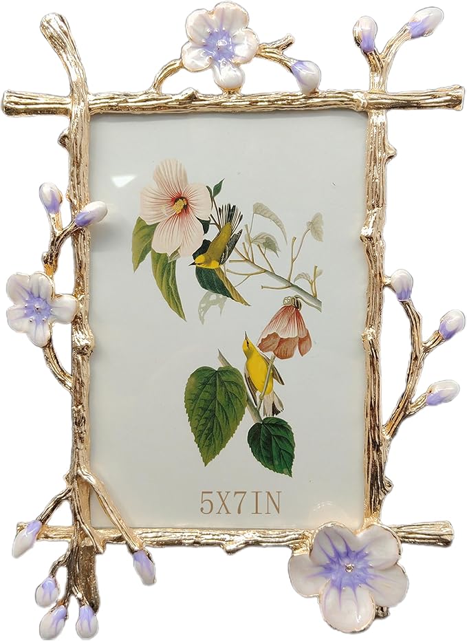 Vintage Purple Picture Frame with Enamel Finis Glass Front - Ornate Antique Metal Flowers 5X7 Photo Frame Tabletop/Wall Display Gifts for Women