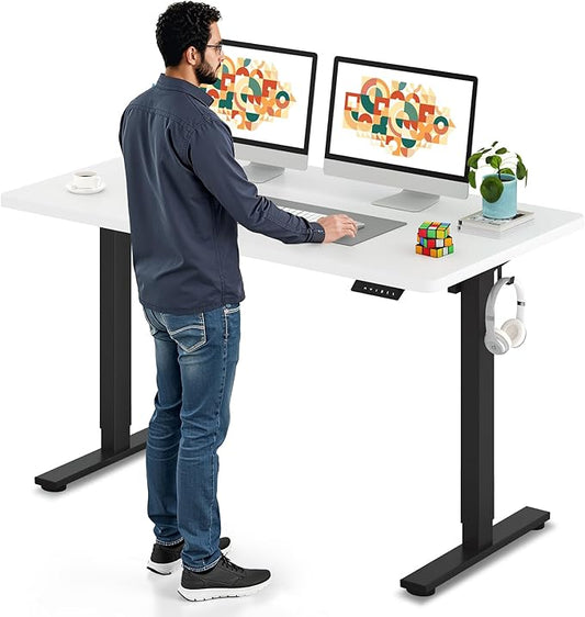 SANODESK Electric Standing Desk 55 x 28 Inches Whole-Piece Desktop Height Adjustable Stand Up Desk w/6-Button Controller Ergonomic Computer Desk for Home Office, Black Frame + White Tabletop