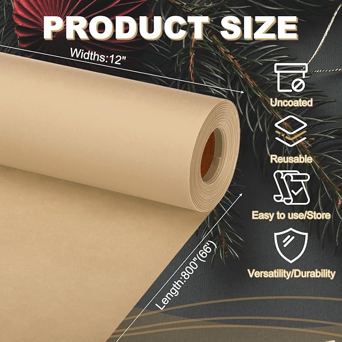 PATIKIL Wrapping Paper, 12"x800"(66') Bulletin Board Paper Roll Kraft Paper Roll Construction 80GSM for Shipping Packing Gift Wrapping Craft Flower Bouquet Christmas, Brown