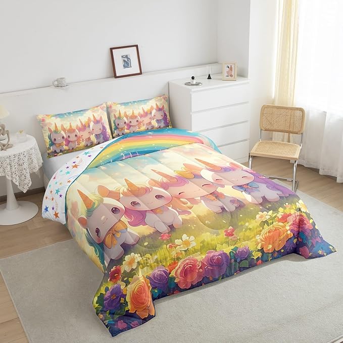 Unicorn Comforter Set Twin Size,Reversible Cute Unicorn Rainbow Cartoon Horse Animal Bedding Set for Kids Boys Men,Kawaii Style Flowers Galaxy Cloud Quilted Duvet Set with 1 Pillowcase