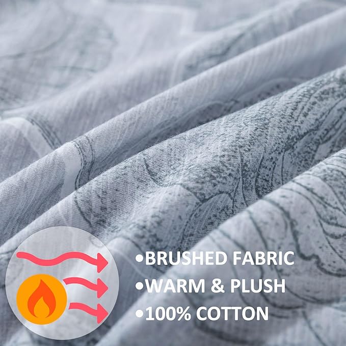 FADFAY Grey Vintage Floral Queen Size Sheets Set 100% Brushed Cotton Shabby Rose Flower Pattern Bedding Set Deep Pocket Sheets with 2 Pillowcases Luxury Breathable Soft 4pcs, Queen Size