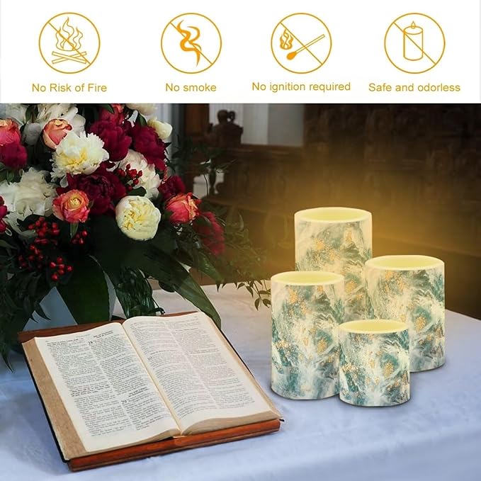 Flameless LED Battery Candles Pack of 4 Waterproof Pillar Candles Tealights with 18-Key Timer Remote Colorful Lights for Indoor Outdoor Home Outdoor Wedding Decor, Blue Gold Marble